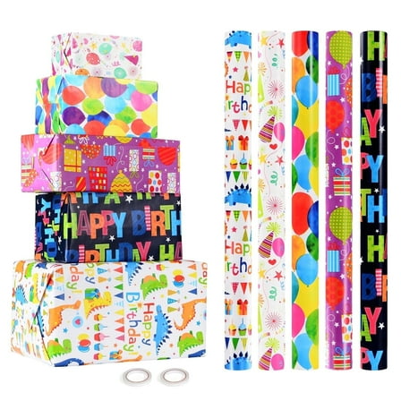 KIMHY Birthday Wrapping Paper 5 Rolls for Kids Boys Girls, Baby Shower with Dinosaur,Happy Birthday, Balloon for Birthday, Graduation, Gifts (17 in * 118 in)