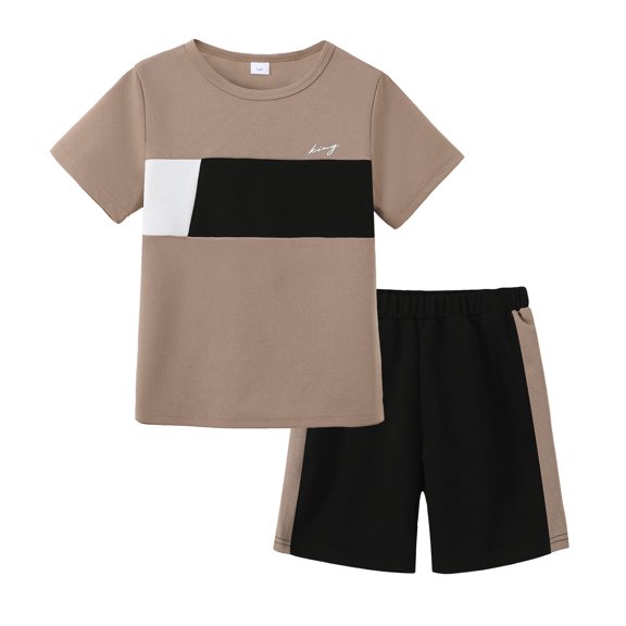 KIMI BEAR 11 Years Big Boys Outfits 12 Years Summer Clothes Sets Short Sleeves Letter Print T-shirt Color Block Top Shorts Set 2pcs Clothing Brown