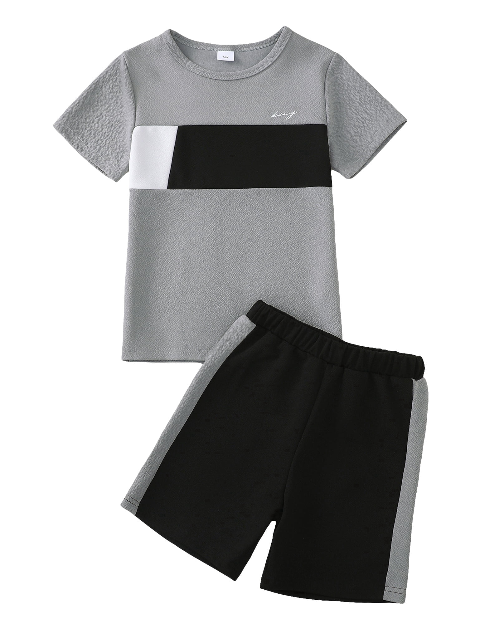 11 Years Big Boys Summer Clothes Set 12 Years Tween Youth Kids Outfits Short Sleeves Color Block T-shirt Top Shorts Set 2pcs Clothing Gray