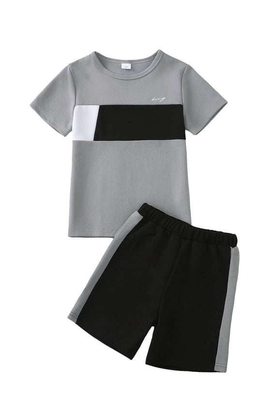 11 Years Big Boys Summer Clothes Set 12 Years Tween Youth Kids Outfits Short Sleeves Color Block T-shirt Top Shorts Set 2pcs Clothing Gray