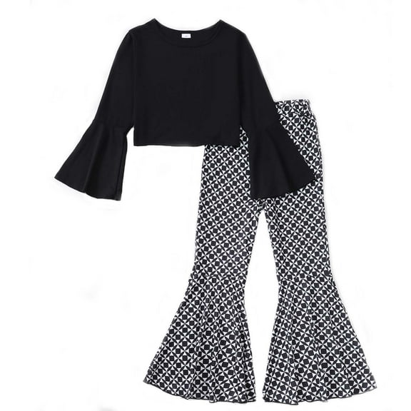 KIMI BEAR 11 Years Big Girls Pant Sets Fall 12 Years Big Girls Solid Color Flared Long Sleeves Shirt Top Flared Pants 2PCS Outfits Sets Black