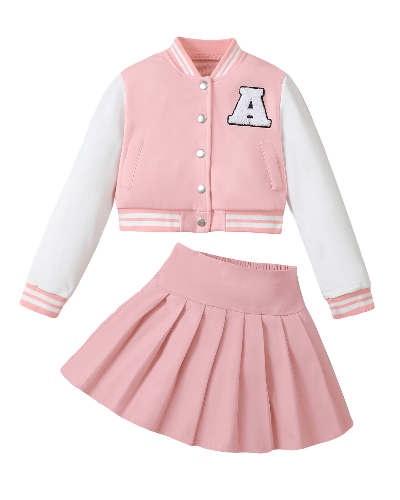 11 Years Big Girls Skirt Sets 12 Years Big Girls Winter Outfits Long Sleeves Baseball Uniform Coat + Pleated Mini Skirt 2pcs Pink