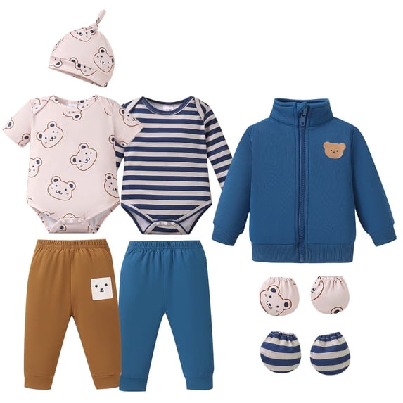 KIMI BEAR 12 Months Infant Baby Boy Layette Set 18 Months Winter Clothes 3 Packs Rompers Pants Coat with Hat Gloves Outfits Set Essentials Clothing Blue
