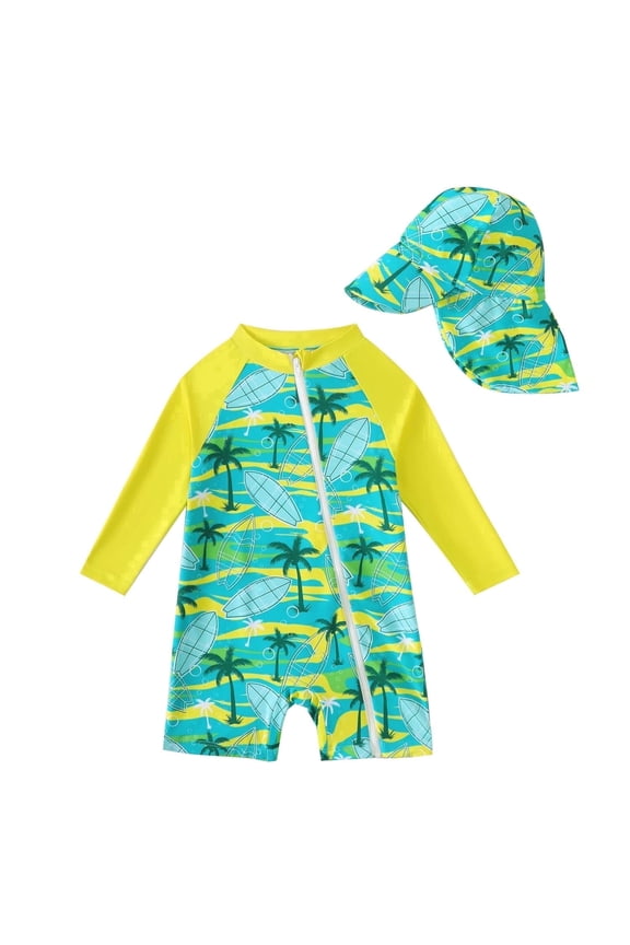 12 Months Infant Baby Boys One-piece Swimsuit 18 Months Swimwear Full Zipper UPF 50+ Sun Protection Coconut Tree Print One Piece Bathing Suit Rash Guard and Hat Beachwear Sunsuit Green