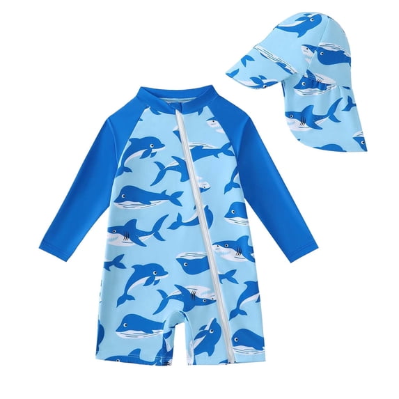 KIMI BEAR 12 Months Infant Baby Boys One-piece Swimsuit 18 Months Swimwear Full Zipper UPF 50+ Sun Protection Shark Print One Piece Bathing Suit Rash Guard and Hat Beachwear Sunsuit Blue