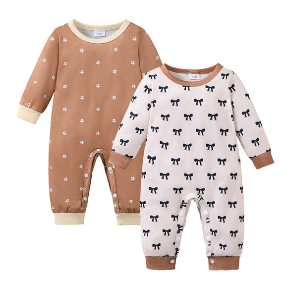 KIMI BEAR 12 Months Infant Baby Girl Romper 18 Months Clothing 2 Packs Long Sleeves Floral Bowknot Bodysuit One-piece Jumpsuit 2pcs Clothes Brown