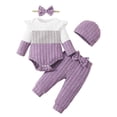 thumbnail image 1 of KIMI BEAR 12 Months Infant Baby Girls Outfit Set 18 Months Clothes Ruffle Long Sleeves Color Block Romper Bowknot Pants with Headband and Hat 4pcs Winter Clothing Purple, 1 of 9
