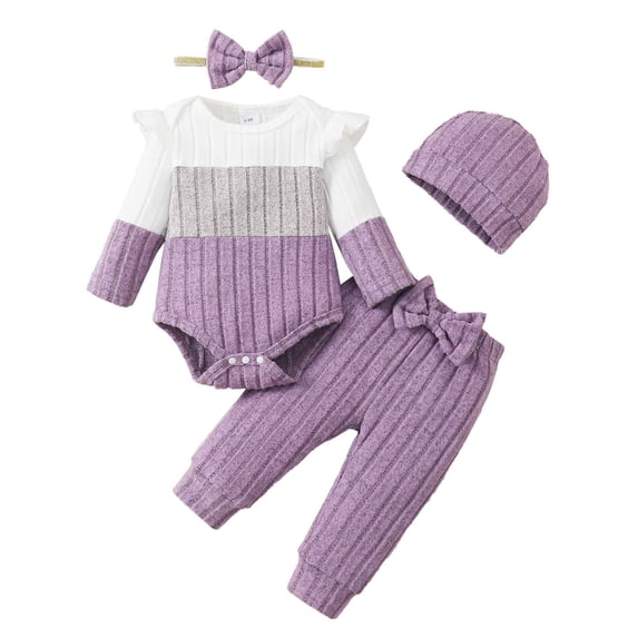 KIMI BEAR 12 Months Infant Baby Girls Outfit Set 18 Months Clothes Ruffle Long Sleeves Color Block Romper Bowknot Pants with Headband and Hat 4pcs Winter Clothing Purple