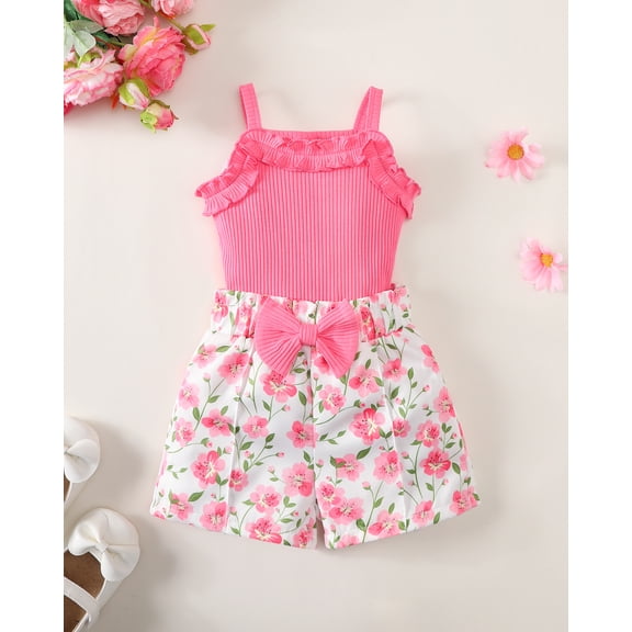 KIMI BEAR 12 Months Infant Baby Girls Summer Outfit Set 18 Months Child Girl Clothes Sleeveless Solid Color Halter Top Bowknot Floral Shorts 2pcs Clothing Pink