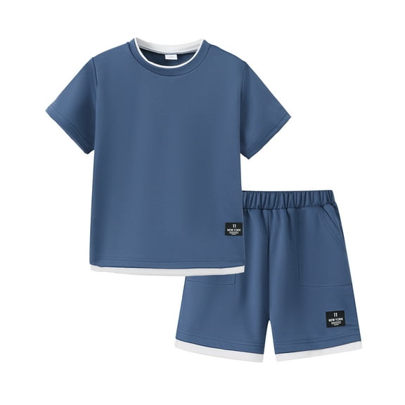 KIMI BEAR 13 Years Big Boys Outfits 14 Years Summer Clothes Sets Short Sleeves Pullover T-shirt Top Shorts with Pocket 2pcs Clothing Blue 13-14Y