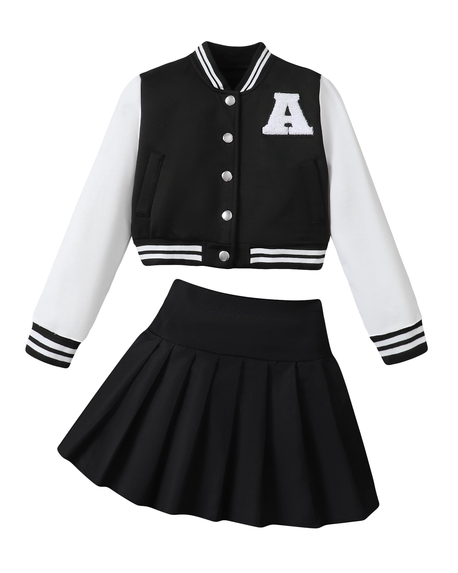13 Years Big Girls Skirt Sets 14 Years Big Girls Long Sleeves Jacket Coat Baseball Uniform Pleated Skirt 2pcs Outfits Loose Sports Sets Fall-winter Black