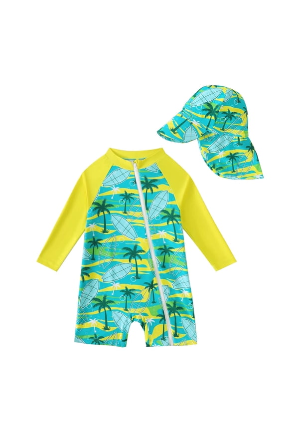 18 Months Infant Baby Boys One-piece Swimsuit 24 Months Swimwear Full Zipper UPF 50+ Sun Protection Coconut Tree Print One Piece Bathing Suit Rash Guard and Hat Beachwear Sunsuit Green