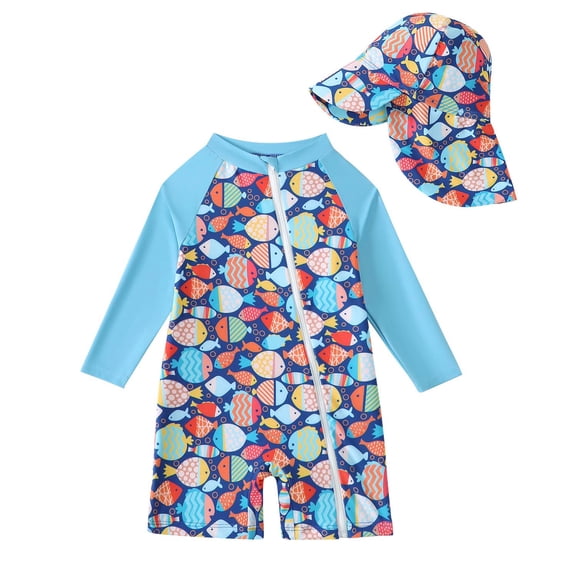 KIMI BEAR 18 Months Infant Baby Boys One-piece Swimsuit 24 Months Swimwear Full Zipper UPF 50  Sun Protection Fish Print One Piece Bathing Suit Rash Guard and Hat Beachwear Sunsuit Blue