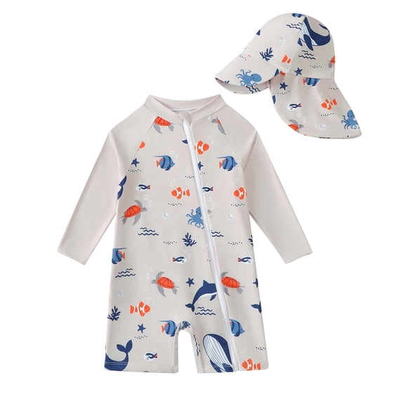 KIMI BEAR 18 Months Infant Baby Boys One-piece Swimsuit 24 Months Swimwear Full Zipper UPF 50+ Sun Protection Shark Print One Piece Bathing Suit Rash Guard and Hat Beachwear Sunsuit Gray
