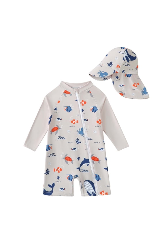 18 Months Infant Baby Boys One-piece Swimsuit 24 Months Swimwear Full Zipper UPF 50+ Sun Protection Shark Print One Piece Bathing Suit Rash Guard and Hat Beachwear Sunsuit Gray