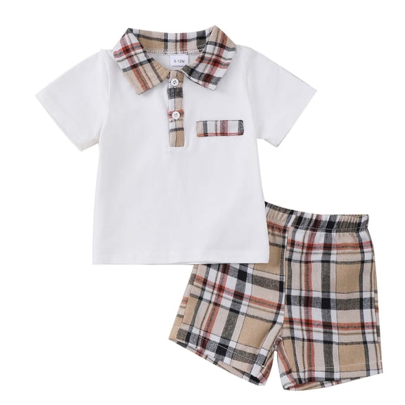 KIMI BEAR 18 Months Infant Baby Boys Summer Outfit Set 24 Months Clothes Short Sleeves Polo T-shirt Top with Pocket Plaid Shorts 2pcs Casual Clothing Sets White 18-24M