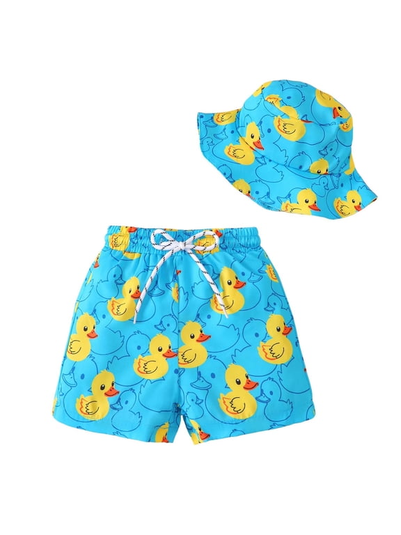 18 Months Infant Baby Boys Swim Trunks 24 Months Swimwear Bathing Suits Swim Shorts Ducks Print Board Shorts with Mesh Lining and Hat 2pcs Blue 18-24M