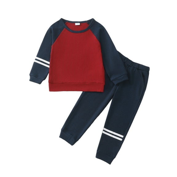 KIMI BEAR 18 Months Infant Baby Boys Winter Outfits 24 Months Clothes Set Long Sleeves Color Block Top Waffle Sweatshirt Pants 2pcs Casual Clothing Red 18-24M