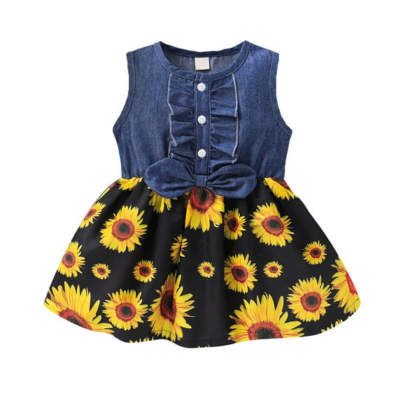 KIMI BEAR 18 Months Infant Baby Girls Dress 24 Months Summer Clothes Sleeveless Denim One-piece Overalls Floral Dress A-line Dress Blue