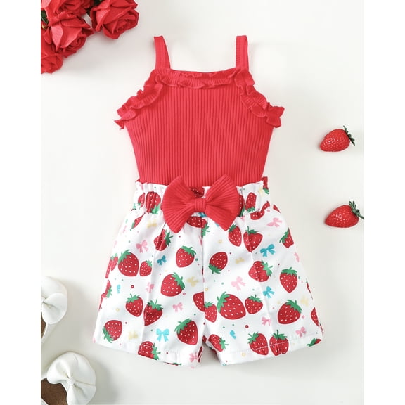 KIMI BEAR 18 Months Infant Baby Girls Summer Outfit Set 24 Months Child Girl Clothes Sleeveless Solid Color Halter Top Bowknot Strawberry Print Shorts 2pcs Clothing Red