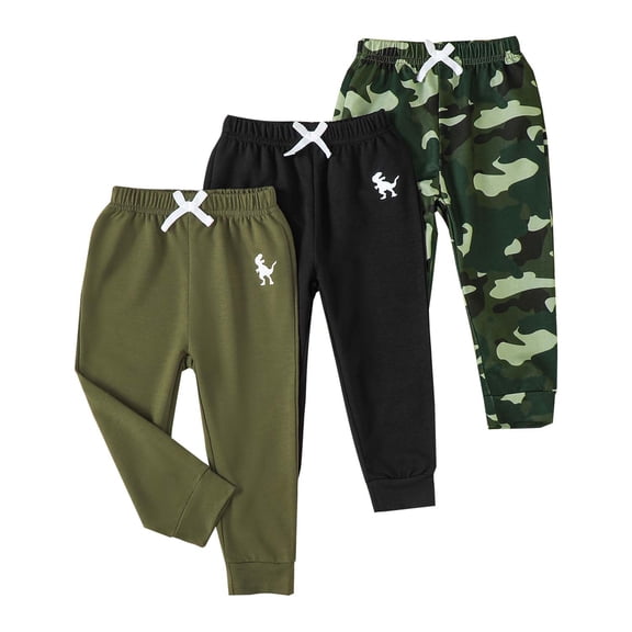 KIMI BEAR 2T Toddler Boys Pants 3T Kid Boy Sweatpants 3 Packs Dinosaur Camouflage Elastic Waist Joggers Athletic Pants Joggers Pants with Pocket Drawstring Multicolor