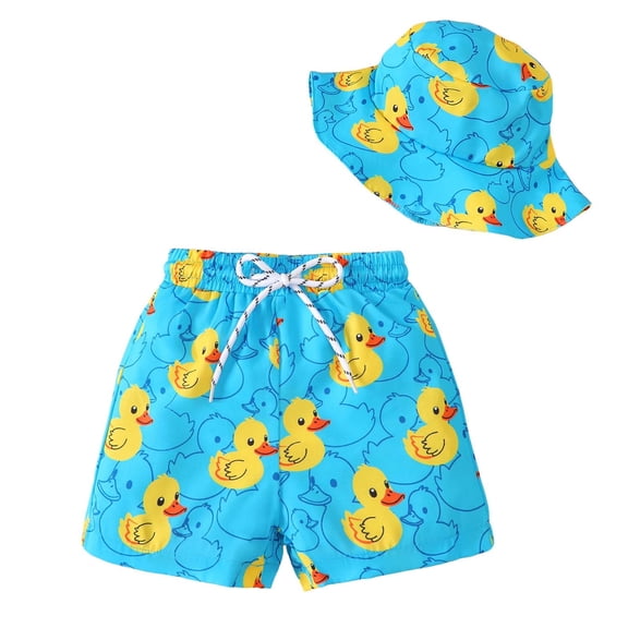 KIMI BEAR 2T Toddler Boys Swim Trunks 3T Child Boy Swimwear Bathing Suits Swim Shorts Ducks Print Board Shorts with Mesh Lining and Hat 2pcs Blue 2-3T