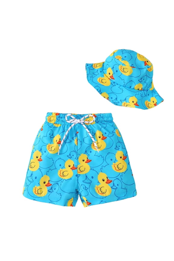 2T Toddler Boys Swim Trunks 3T Child Boy Swimwear Bathing Suits Swim Shorts Ducks Print Board Shorts with Mesh Lining and Hat 2pcs Blue 2-3T