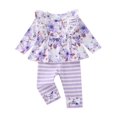 thumbnail image 1 of KIMI BEAR 2T Toddler Girl Outfit Set 3T Child Girls Clothes Ruffle Long Sleeves Floral T-shirt Top Striped Bowknot Leggings Pants 2pcs Clothing Purple, 1 of 6