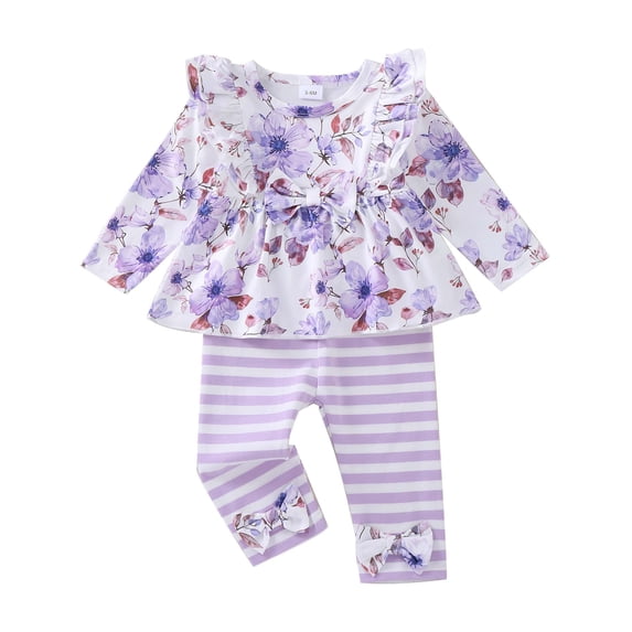 KIMI BEAR 2T Toddler Girl Outfit Set 3T Child Girls Clothes Ruffle Long Sleeves Floral T-shirt Top Striped Bowknot Leggings Pants 2pcs Clothing Purple