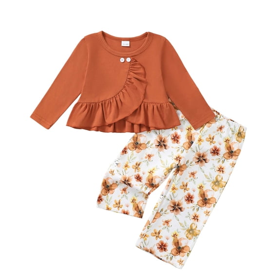 KIMI BEAR 2T Toddler Girl Outfit Set 3T Child Girls Clothes Ruffle Long Sleeves Pullover Top Floral Pants 2pcs Clothing Brown