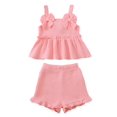 thumbnail image 1 of KIMI BEAR 2T Toddler Girl Summer Outfit Set 3T Child Girls Clothes Ruffle Sleeveless Off the Shoulder Solid Color Top Shorts 2pcs Clothing Pink, 1 of 9