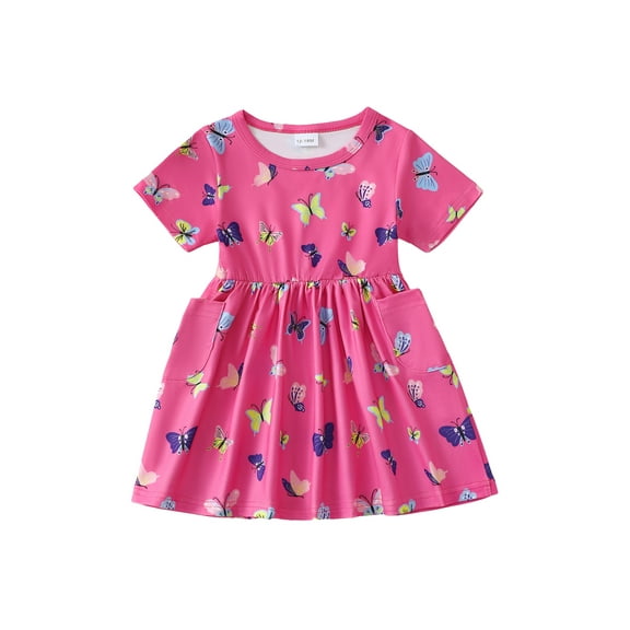 KIMI BEAR 2T Toddler Girls Dress 3T Summer Clothes Short Sleeves Butterfly A-line Dress Casual Clothing One-piece Overalls Pink 2-3 Years