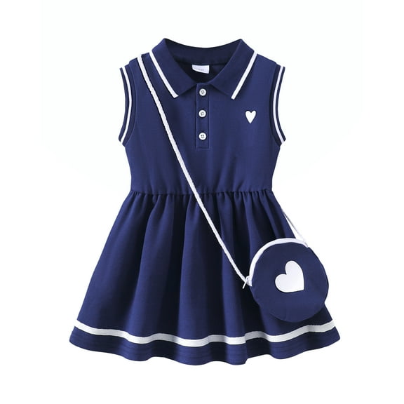 KIMI BEAR 2T Toddler Girls Dress 3T Toddler Girls Summer Clothes Sleeveless Polo Dress A-line Pleated One-piece Overalls with Bag 2pcs Blue