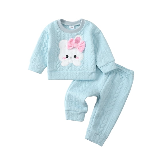 KIMI BEAR 2T Toddler Girls Outfit Set 3T Kid Clothes Winter Long Sleeves Rabbit Bowknot Pullover Top Solid Color Pants Sets 2pcs Warm Clothes Blue