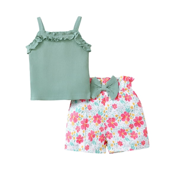 KIMI BEAR 2T Toddler Girls Summer Outfits Sets 3T Toddler Girls Clothing Sets Solid Color Sleeveless Halter Top Bowknot Floral Shorts Sets Clothing Green