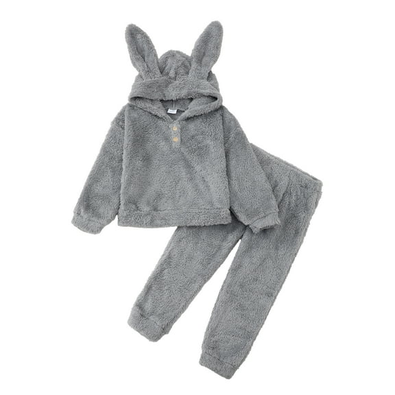 KIMI BEAR 2T Toddler Girls Winter Outfits 3T Toddler Girls Furrfy Pant Sets Long Sleeves Hooded Sweatshirt Bunny Ear Hoodie Solid Color Pants 2pcs Warm Clothes Sets Gray