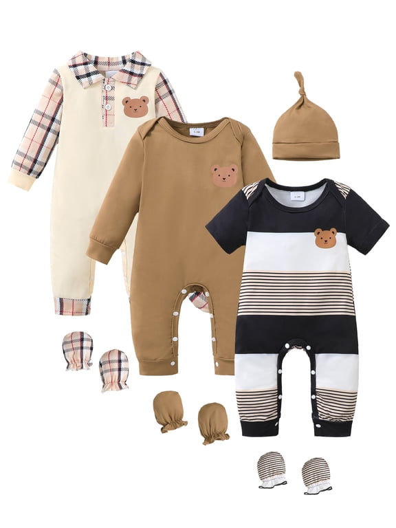 3 Months Newborn Baby Boy Romper 6 Months Clothes 3 Packs Shower Gift Short Sleeves Long Sleeves Bear Jumpsuit Bodysuit with Hat Mittens 7pcs Clothing Brown
