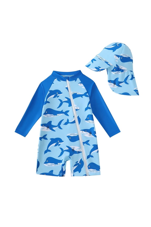 3 Months Newborn Baby Boys One-piece Swimsuit 6 Months Swimwear Full Zipper UPF 50+ Sun Protection Shark Print One Piece Bathing Suit Rash Guard and Hat Beachwear Sunsuit Blue