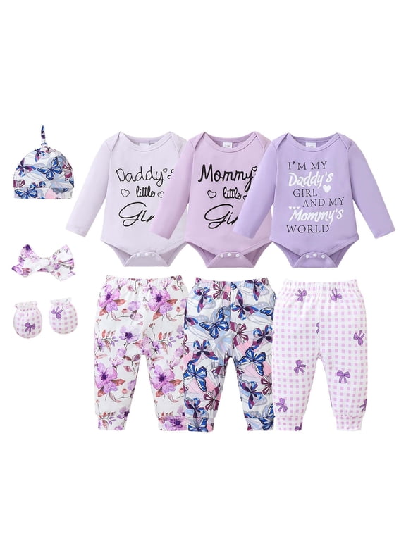3 Months Newborn Baby Girl Layette Set 6 Months Shower Gift Sets 3 Packs Romper Pants Sets Long Sleeves Bodysuit with Hat Headband Gloves 9pcs Clothing Purple