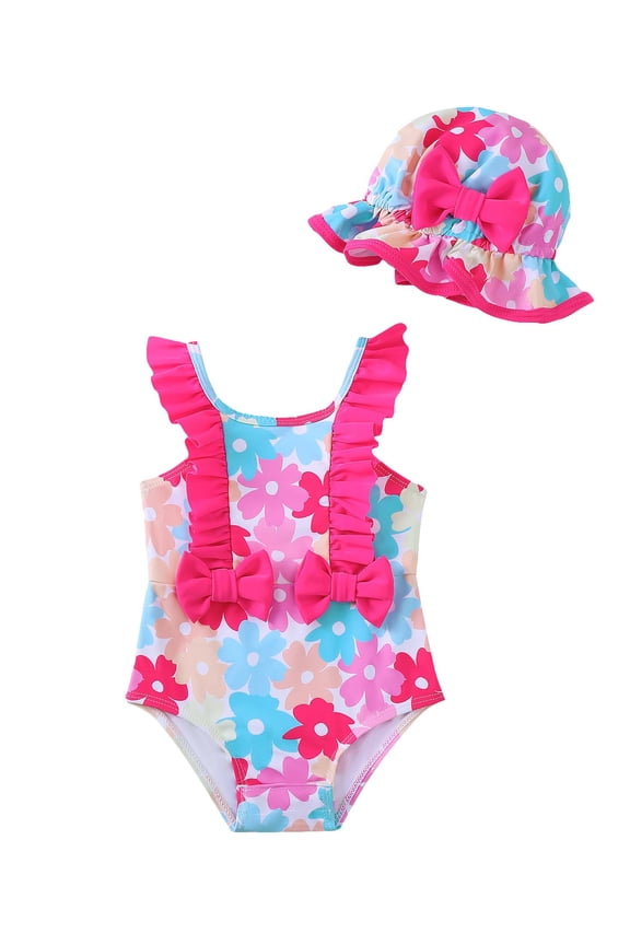 3 Months Newborn Baby Girls One-piece Swimsuit 6 Months Bathing Suit Ruffle Sleeveless Rash Guard Beach Wear Bowknot Floral Swimwear with Hat 2pcs Summer Beach Swim Suit Pink