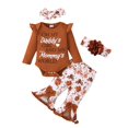 thumbnail image 1 of KIMI BEAR 3 Months Newborn Baby Girls Outfit Set 6 Months Clothes Ruffle Long Sleeves Letter Print Romper Floral Pants with 2pcs Headband 4pcs Pant Sets Brown, 1 of 9