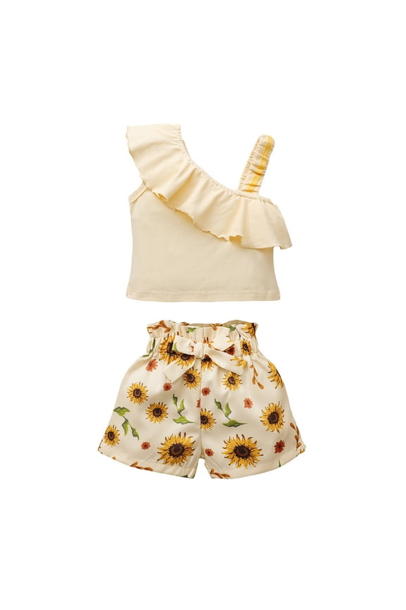 3T Toddler Baby Girls Short Sets Summer 4T Toddler Girls Sleeveless One-shoulder Ruffle Top Floral Shorts 2PCS Outfits Sets Apricot