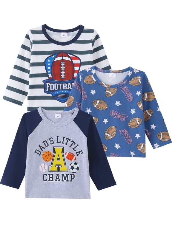 3T Toddler Boy Tops 4T Child Boys Winter Clothes Long Sleeves Footballs Print T-shirt Color Block Clothing 3pcs Soft Cotton Tees Multicolor