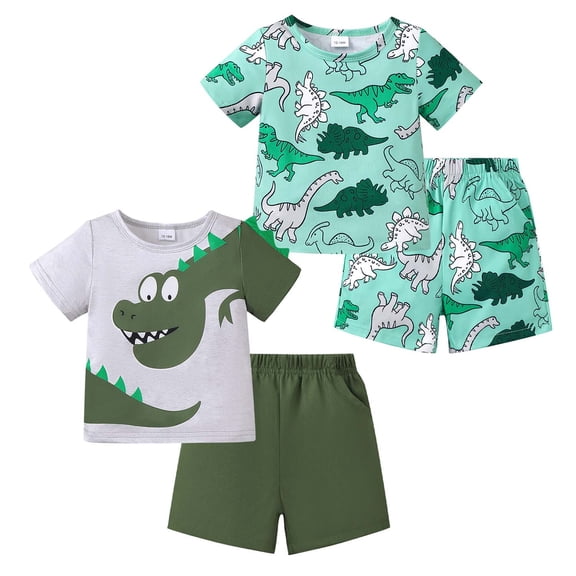 KIMI BEAR 3T Toddler Boys Outfit Set 2 Packs 4T Child Boy Summer Clothes Short Sets Short Sleeves T-shirt Tops Shorts Dinosaurs 4pcs Clothing Green