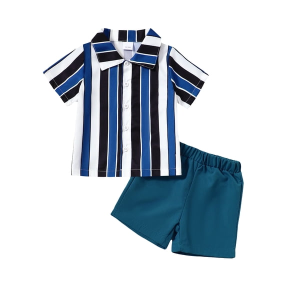 KIMI BEAR 3T Toddler Boys Outfits 4T Summer Clothes Set Short Sleeves Striped Print Shirt Top Solid Color Shorts Sets 2pcs Clothing Blue 3-4 Years