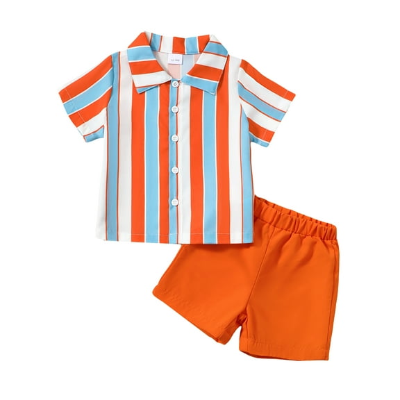 KIMI BEAR 3T Toddler Boys Outfits 4T Summer Clothes Set Short Sleeves Striped Print Shirt Top Solid Color Shorts Sets 2pcs Clothing Orange 3-4 Years