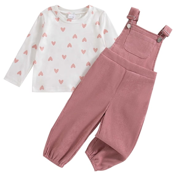KIMI BEAR 3T Toddler Girl Outfit Set 4T Child Girls Winter Clothes Long Sleeves Heart T-shirt Top Overalls Set Adjustable Strap Suspender Pants 2pcs Clothing Pink