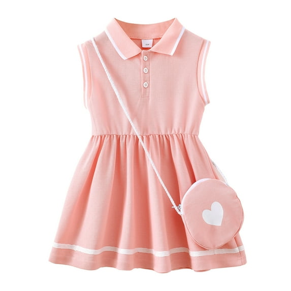 KIMI BEAR 3T Toddler Girls Dress 4T Toddler Girls Summer Clothes Sleeveless Polo Dress A-line Pleated One-piece Overalls with Bag 2pcs Light Pink