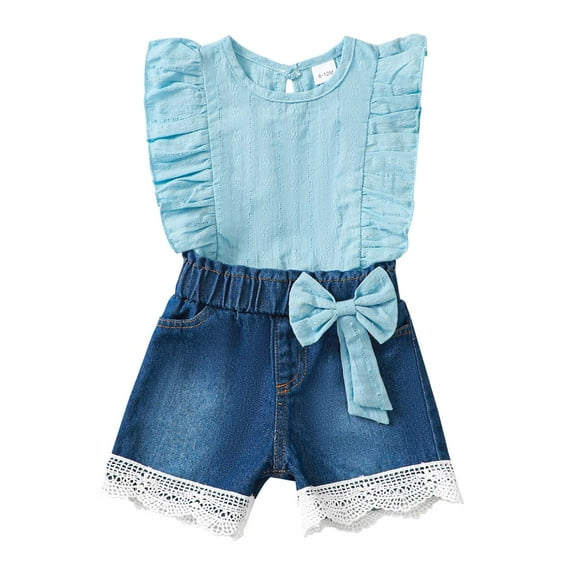 KIMI BEAR 3T Toddler Girls Outfit Set 4T Child Girl Clothes Ruffle Sleeveless Solid Color Top Tank Tops Bowknot Waistband Lace Denim Shorts 2pcs Short Sets Clothing Blue