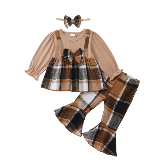 KIMI BEAR 3T Toddler Girls Outfit Set 4T Kid Clothes Winter Long Sleeves Plaid Bowknot Pullover Top Flared Pants Sets with Headband 3pcs Cute Clothing Khaki